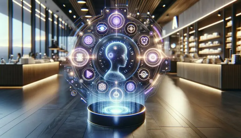 Interfaz holográfica de chatbot IA en un entorno retail moderno con diseño elegante y tecnología avanzada.