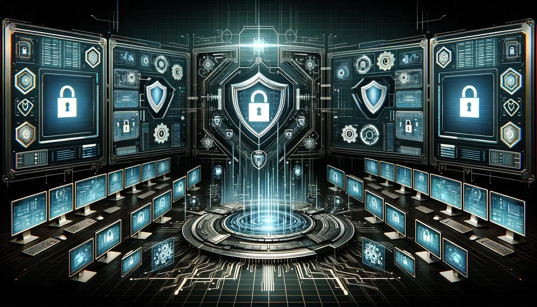 Interfaz de ciberseguridad de alta tecnología con escudos digitales y candados, en un centro de control virtual con monitores que muestran datos en tiempo real. Enfoque en la protección digital con una composición simétrica y sombras marcadas.