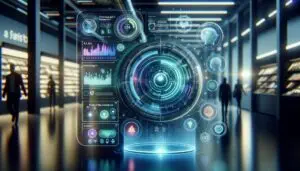 Interfaz digital holográfica futurista interactuando en un entorno de comercio electrónico, con recomendaciones de productos y análisis de datos.