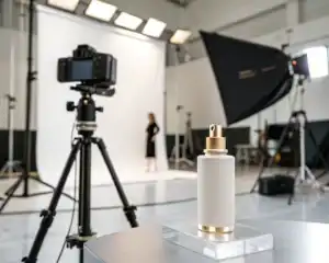 Fotografía de un producto elegante en un estudio minimalista con iluminación suave, resaltando sus detalles y texturas.