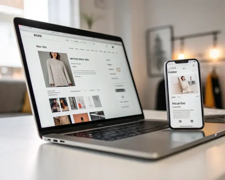 Primerísimo plano de una laptop y un móvil que muestran una interfaz moderna de ecommerce con detalles muy nítidos, sobre un escritorio minimalista y bien iluminado. Destaca la claridad de las imágenes de productos y menús, con un suave cursor luminoso y líneas sugerentes de flujo para transmitir interacción fluida. El estilo es elegante y minimalista.