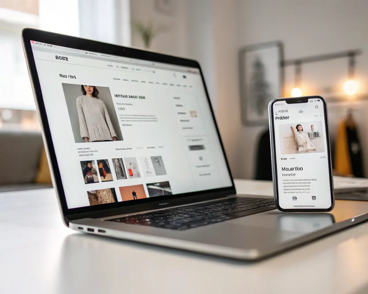 Primerísimo plano de una laptop y un móvil que muestran una interfaz moderna de ecommerce con detalles muy nítidos, sobre un escritorio minimalista y bien iluminado. Destaca la claridad de las imágenes de productos y menús, con un suave cursor luminoso y líneas sugerentes de flujo para transmitir interacción fluida. El estilo es elegante y minimalista.