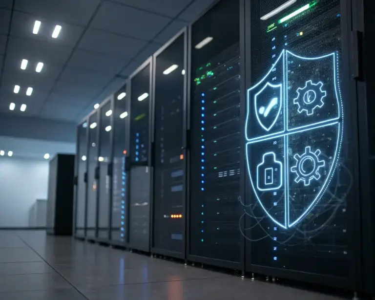 Interfaz cinematográfica de un firewall digital, ilustrada como una barrera semitransparente de código y símbolos brillantes, que protege una estructura estilizada de sitio web en un centro de datos oscuro con luces LED, transmitiendo protección y vigilancia.