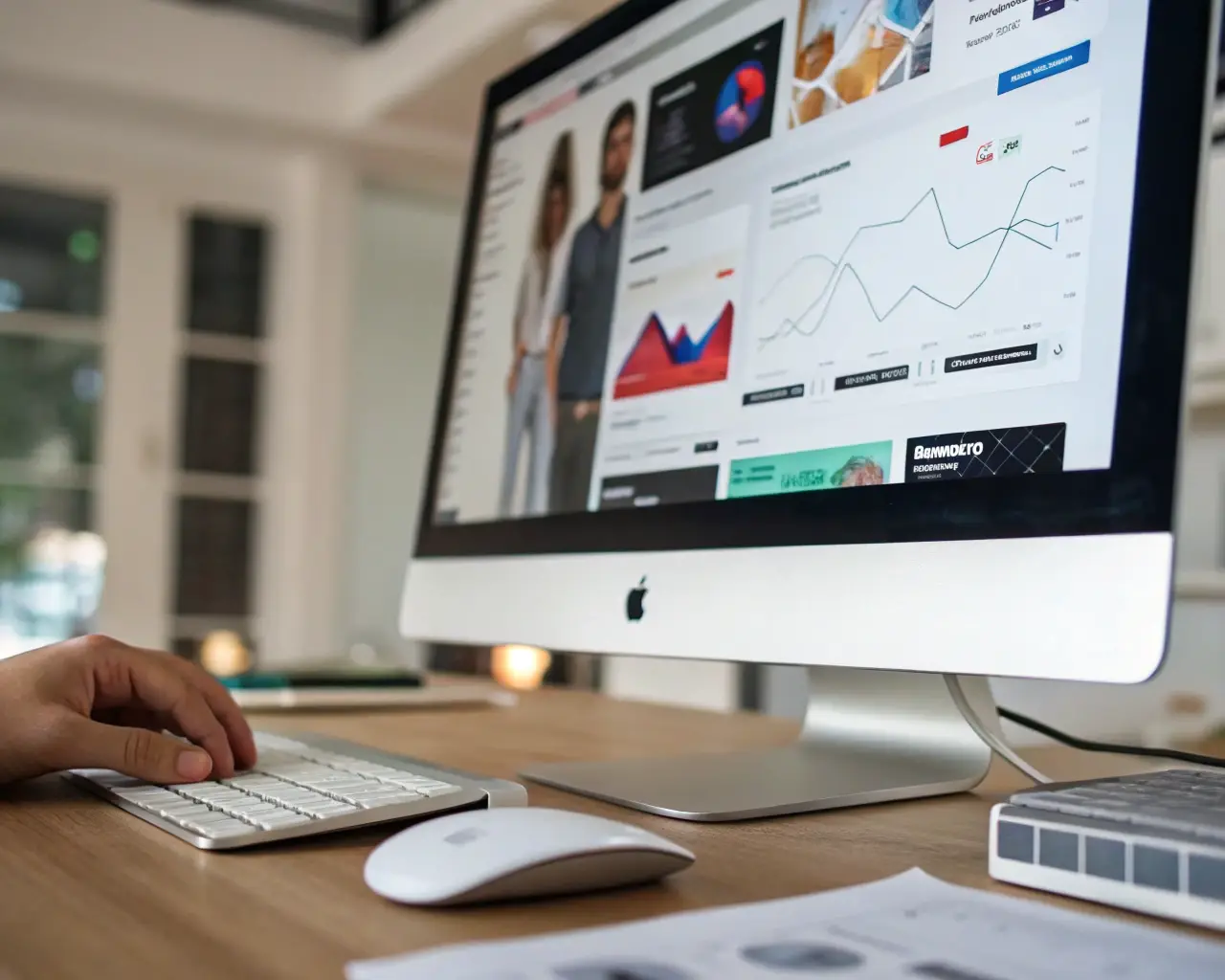 Espacio de trabajo moderno con una computadora mostrando imágenes de productos comprimidas para ecommerce. Al fondo se ven gráficos de optimización y medidores de velocidad web desenfocados, mientras una mano genérica usa el ratón, sugiriendo una tarea de optimización activa. El entorno es eficiente, colorido y sin personas identificables.