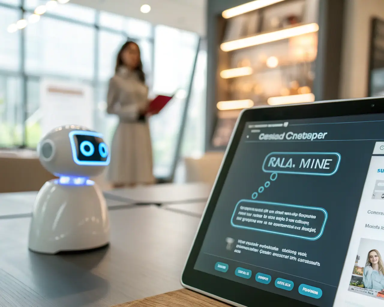 Interfaz de chatbot virtual con líneas brillantes y burbujas de mensajes en la pantalla de un dispositivo digital, sobre el fondo desenfocado de una tienda ecommerce moderna. Enfoque nítido en el chatbot resaltando detalles tecnológicos. Sin personas identificables.
