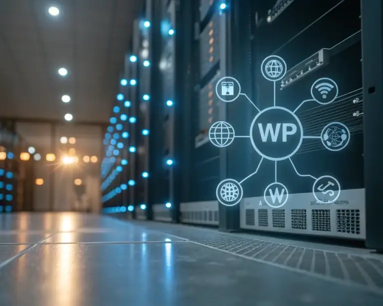 Representación cinematográfica y digital de endpoints de API como nodos y líneas luminosas que conectan el logo de WordPress con el icono de un sistema ERP, sobre un fondo corporativo y abstracto con circuitos y luces, simbolizando integración y automatización de datos.