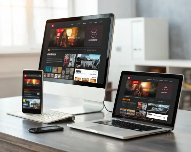 Varios dispositivos genéricos—monitor de escritorio, tableta y smartphone—muestran una interfaz web moderna e interactiva con menús y contenido adaptados. Las pantallas brillan en colores vivos sobre un fondo minimalista y desenfocado, destacando botones animados y detalles como un cursor luminoso y una barra de progreso sutil. No hay personas, solo los dispositivos y la interfaz visible.