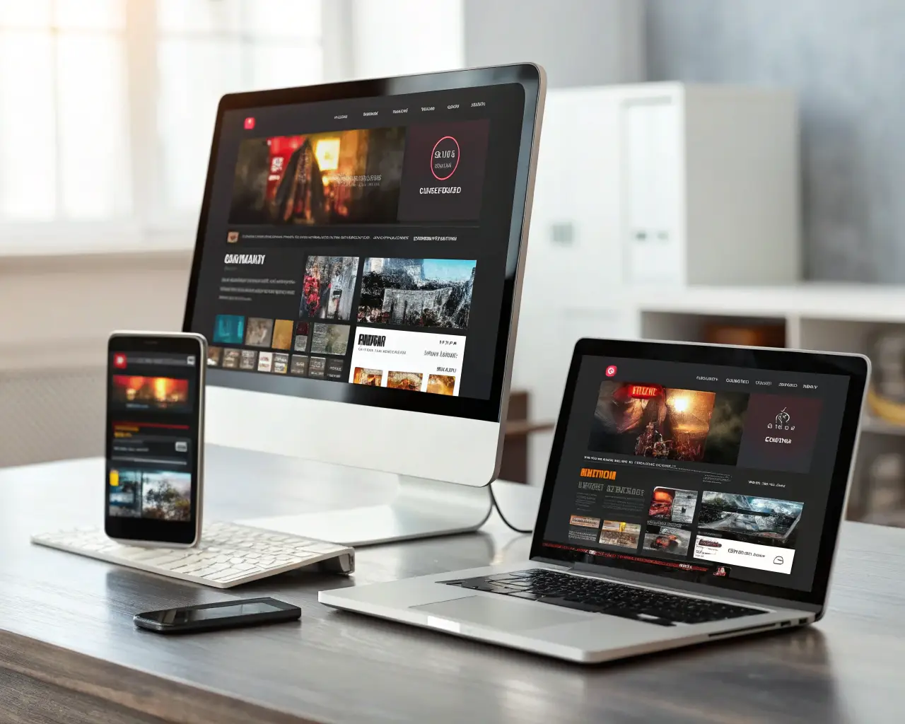 Varios dispositivos genéricos—monitor de escritorio, tableta y smartphone—muestran una interfaz web moderna e interactiva con menús y contenido adaptados. Las pantallas brillan en colores vivos sobre un fondo minimalista y desenfocado, destacando botones animados y detalles como un cursor luminoso y una barra de progreso sutil. No hay personas, solo los dispositivos y la interfaz visible.