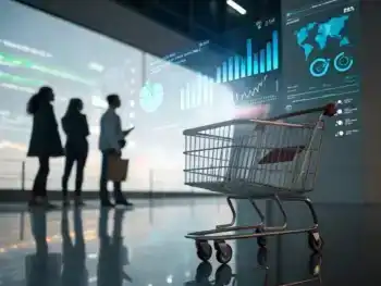 Carrito de compras metálico en primer plano rodeado de visualizaciones de datos brillantes, como gráficos y mapas de calor, en una interfaz moderna de e-commerce, con fondo desenfocado y siluetas humanas difusas.