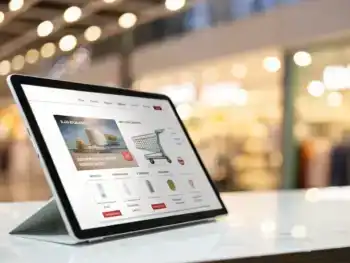 Interfaz de plataforma de comercio electrónico moderna y personalizada para tiendas en línea, con un fondo desenfocado y elementos de escaparates digitales.