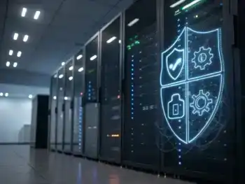 como-proteger-tu-sitio-web-estrategias-de-ciberseguridad-firewall-proteccion-contra-ransomware-y-defensa-ante-ataques-de-fuerza-bruta Interfaz cinematográfica de un firewall digital, ilustrada como una barrera semitransparente de código y símbolos brillantes, que protege una estructura estilizada de sitio web en un centro de datos oscuro con luces LED, transmitiendo protección y vigilancia.