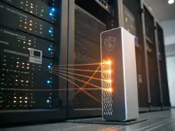 Firewall moderno como pieza central, bloqueando flujos de datos digitales resplandecientes y protegiendo un servidor web de amenazas cibernéticas caóticas al fondo, con textura metálica, luces indicadoras y símbolos de seguridad brillando en un ambiente de protección y vigilancia.