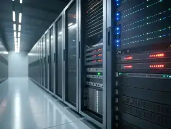 Bastidor de servidor web moderno con luces LED encendidas, rodeado de flujos de datos digitales borrosos en un centro de datos minimalista. En primer plano, paneles metálicos nítidos y detallados bajo luces y sombras contrastantes; fondo desenfocado, sin presencia de personas.