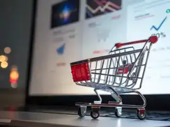 optimizacion-ecommerce-como-mejorar-la-velocidad-de-carga-web-en-tiendas-wordpress-y-potenciar-el-seo-comercio-electronico Icono cinematográfico de carrito de compras digital metálico avanzando rápidamente a través de un fondo de página web borroso, iluminado por colores vividos y sombras nítidas, con una flecha sutil apuntando hacia arriba.
