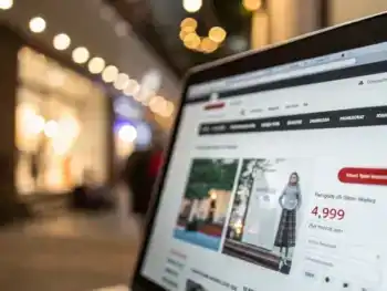 Interfaz moderna de un sitio web de ecommerce en la pantalla de una computadora, con un botón de llamada a la acción colorido y destacado en el centro. El fondo muestra borrosamente la versión móvil del sitio, con navegación clara, barra de búsqueda y fotos de productos nítidos. Una flecha ascendente simboliza crecimiento en conversiones y no aparecen personas.