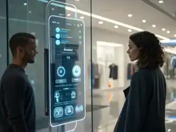 Interfaz de chatbot interactivo en pantalla transparente en un entorno de comercio electrónico futurista, con elementos tecnológicos y una atmósfera iluminada y moderna.