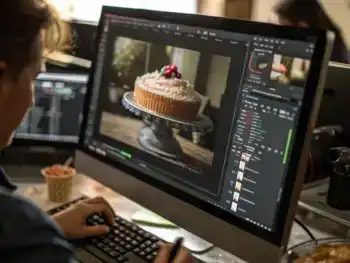 Primer plano de un monitor que muestra una fotografía digital de alta resolución siendo procesada en un software de compresión de imágenes. Controles deslizantes y herramientas de edición rodean la imagen, mientras unas manos ajustan suavemente los controles digitales. El fondo está desenfocado, y el enfoque está en los detalles de la foto y la interfaz tecnológica. No hay personas identificables en la escena.