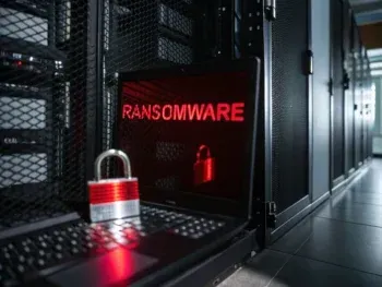 Primerísimo plano de un rack de servidores bloqueado con candado digital y un mensaje rojo de advertencia de ransomware en la pantalla, dentro de un centro de datos con iluminación tenue y sombras definidas.