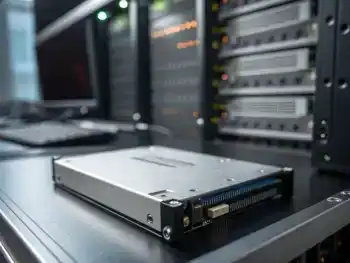 Primer plano extremo de un SSD de servidor de alta velocidad, con superficie metálica y componentes electrónicos claramente visibles, rodeado de destellos borrosos que representan flujos de datos y partes de un rack de servidores, iluminado con luz ambiental que evoca velocidad y tecnología.