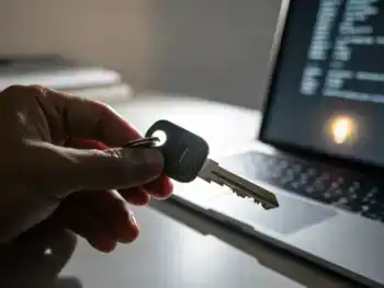 Mano anónima sostiene de cerca una llave de seguridad USB brillante con luz indicadora, enfocada contra un fondo borroso y minimalista de escritorio digital, transmitiendo confianza y seguridad.