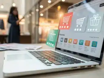 Interfaz digital de recomendaciones de productos flotando sobre un laptop en un entorno de trabajo moderno, con sugerencias personalizadas resaltadas.