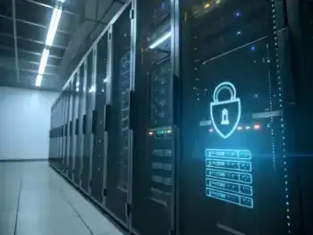 Primer plano de un rack de servidores modernos en un centro de datos, con candados digitales y flujos de datos cifrados en las pantallas, iluminados por una luz ambiental que realza la sensación de seguridad. Un escudo digital aparece sutilmente en una pantalla, simbolizando la protección digital.