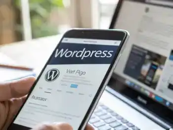 Primer plano de un smartphone moderno mostrando en su pantalla un sitio web WordPress optimizado para móviles, con texto legible, botones grandes y una señal de carga rápida. El fondo desenfocado revela un espacio de trabajo digital iluminado naturalmente. La imagen transmite eficiencia, accesibilidad y experiencia de usuario fluida.