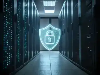 Icono de escudo digital brillante en el centro, rodeado de patrones de código binario, representando la ciberseguridad.