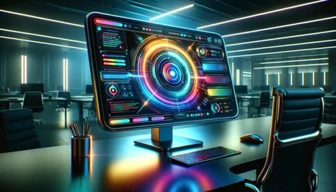 Interfaz de chatbot impulsada por IA en una pantalla digital elegante en un entorno de oficina moderna. Diseño futurista con colores vibrantes y texto dinámico, iluminada por sombras definidas.