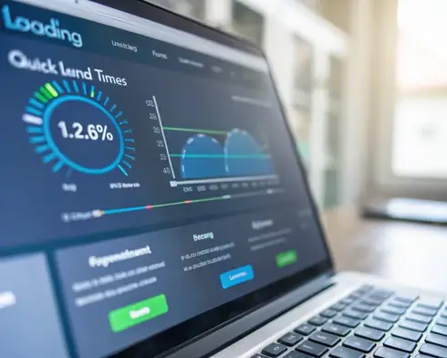 Pantalla de carga de sitio web optimizado con barra de progreso rápida y fondo de herramientas de análisis web, presentando una composición limpia y colorida que simboliza velocidad y eficiencia.
