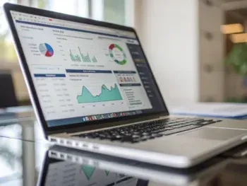 estrategias-de-marketing-de-contenidos-y-seo-tecnico-para-mejorar-el-posicionamiento-web-y-aumentar-el-trafico-organico-en-empresas-de-comercio-electronico Primerísimo primer plano de un portátil moderno con la pantalla mostrando un panel de control de ecommerce rico en gráficos y análisis SEO, en un entorno digital desenfocado, iluminado por una luz suave.