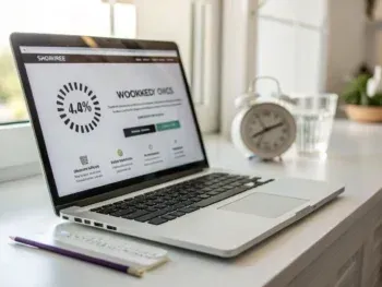 optimizacion-woocommerce-mejores-practicas-seo-plugins-para-acelerar-woocommerce-y-compresion-imagenes-para-reducir-el-tiempo-de-carga-y-aumentar-conversiones Laptop en un escritorio minimalista mostrando la tienda principal WooCommerce con una barra de progreso de carga veloz; luz suave, icono de reloj en el fondo y composición despejada que transmite eficiencia y acceso inmediato.